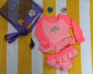 Cute little Rash Guard Swimsuit for infants in coral stripes, monogramed with our littles initials Product image