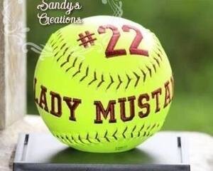 Embroidered Memorabilia Softball with Player name, player number School mascot and year