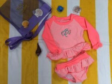 Cute little Rash Guard Swimsuit for infants in coral stripes, monogramed with our littles initials Product image
